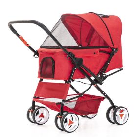 Four Wheel Folding Pet Stroller, Dog Jogger Travel Carrier Adjustable Canopy Storage Brake Mesh Window (Color: Red)